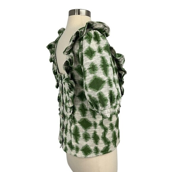 Sezane Ezecquiel Blouse Green Ikat Size EU 34 Ruffles 1/2 Sleeve Buttons Womens - Picture 6 of 11
